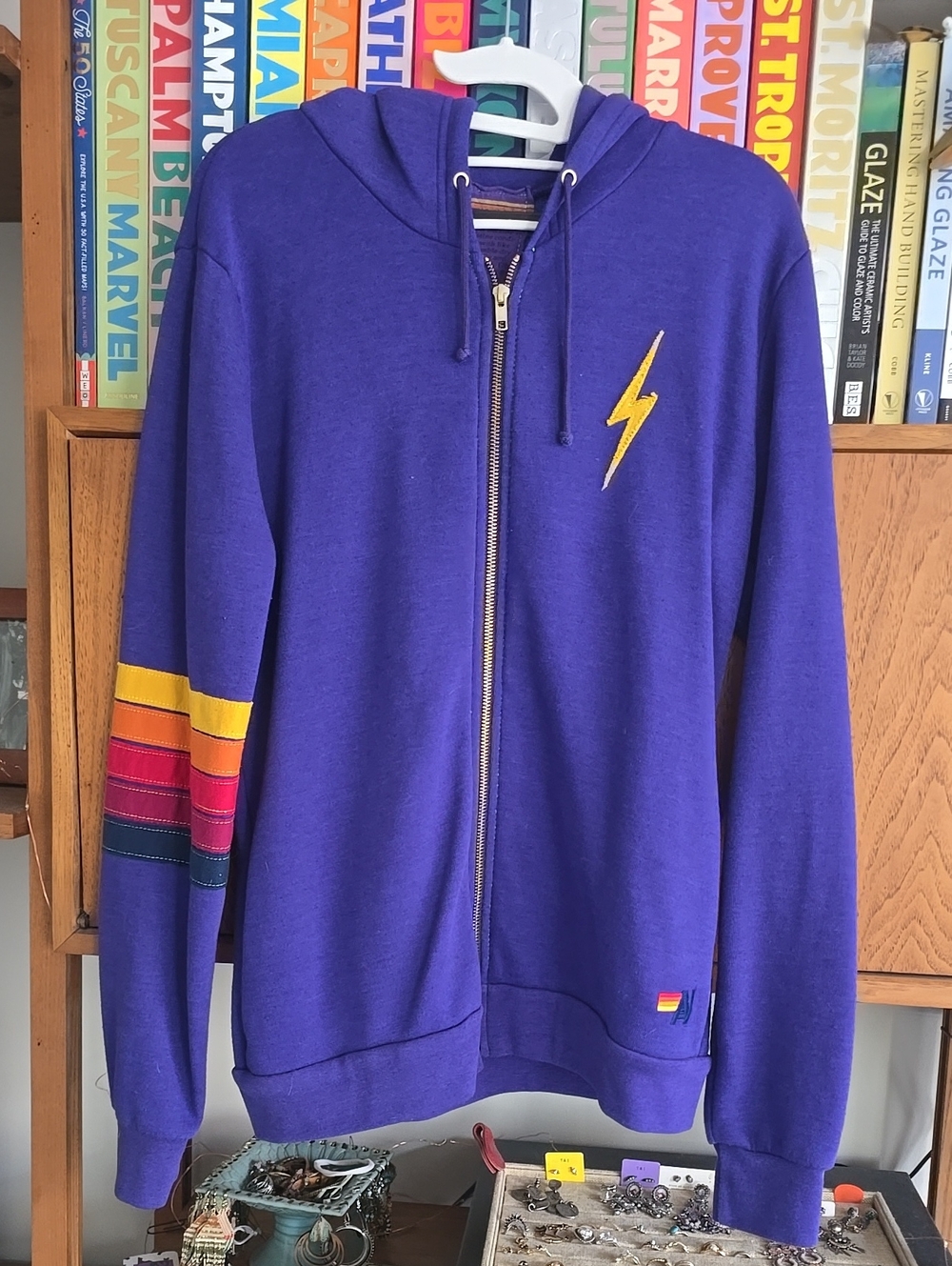 Aviator Nation Zip Hoodie with Yellow Bolt And 5-Stripe Sleeve - Size M